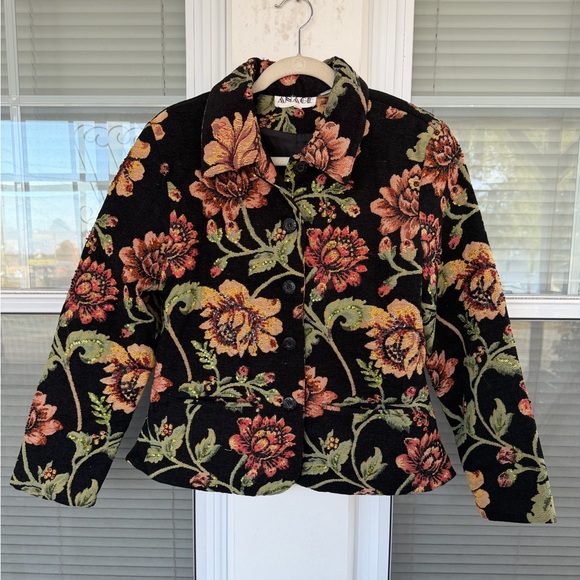 Anage Jackets & Blazers - Anage Womens Floral Tapestry Jacket Black Multicolor Cotton